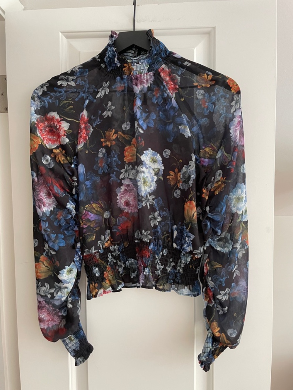 H&M Black Sheer Floral Mock-Neck Blouse